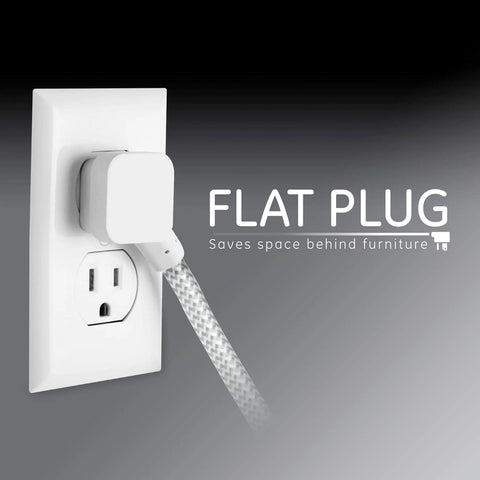 Eight Ft Braided 3 Outlet Power Strip Surge Protector Two Pack With Flat Plug Extension Cords 250 Joules UL Listed White Great For TVs Computers Gaming Gadgets And More showing flat plug design in socket.