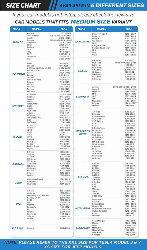 Size chart for Heavy Duty Foldable Windshield Sun Shade showing compatible medium size car models and years.