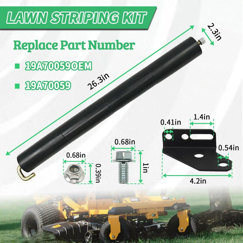 Lawn striping kit components with measurements for Cub Cadet Ultima, 26.3-inch roller, bolts, replacement part 19A70059