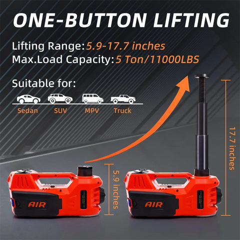 Two red portable 12V electric car jacks with built-in inflator and LED light, lift range 5.9–17.7 inches.