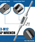 Close-up of M3-M12 tap wrench with adjustable slider, carbon steel shell, and non-slip handle