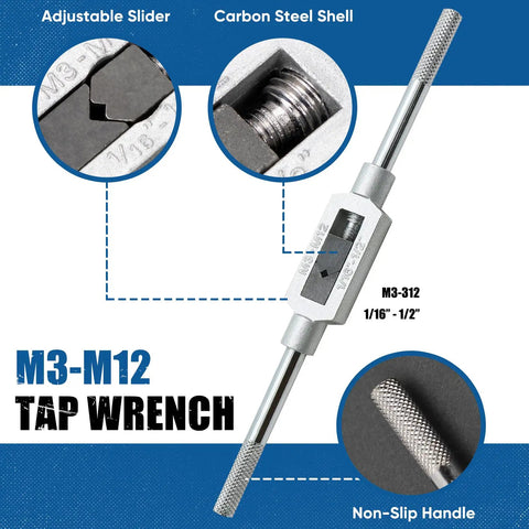 Close-up of M3-M12 tap wrench with adjustable slider, carbon steel shell, and non-slip handle