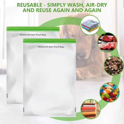 Front view of two 12x20 inch reusable dual zip Odor Proof Storage Bags with illustrations of possible contents