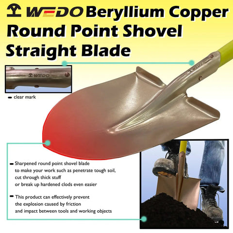 Non Sparking Round Point Shovel And Pick Mattock Set With 39 Inch Straight Blade Shovel in use, highlighting blade and ergonomic handle