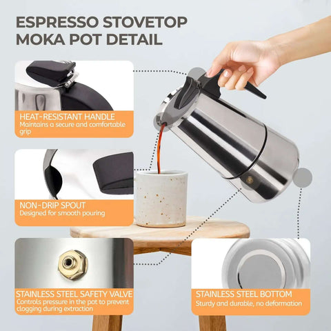 Stainless Steel 12 Cup Moka Pot Espresso Maker For Stovetop Brews Like A Boss Italian Classic Style Cafetera Coffee Pot shown in use
