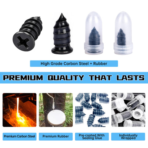 57 Piece Tire Plug Kit With Tire Repair Rubber Nails Screwdriver And Valve Core Tool Kit showing rubber nails and packaging