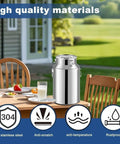 Heavy Duty 12-68 Gallon Stainless Steel Storage Bucket with Sealed Lids for rice, grains, and milk on a wooden table.