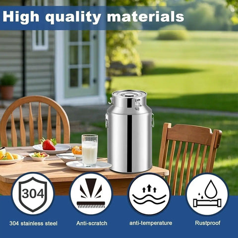 Heavy Duty 12-68 Gallon Stainless Steel Storage Bucket with Sealed Lids for rice, grains, and milk on a wooden table.