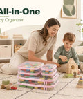 Straight Up Tough Clear Hard Shell Zipper Cases Six Piece Set With Two Large Medium And Small Sizes For Travel Beauty And Everyday Carry In Fresh Pink Heavy Duty Storage Pouches in a living room with a mother and child.