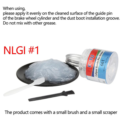 Front view of FOTU 661 brake caliper guide pin grease jar with spatula and small brush, high-temperature lubricant