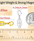 Six Pack Magnetic Clasp Set For Necklaces And Bracelets, 18K Gold And Silver Lobster Clasps, close-up with ruler for size.