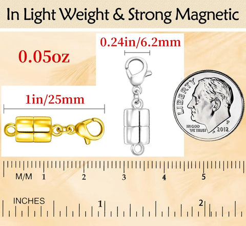 Six Pack Magnetic Clasp Set For Necklaces And Bracelets, 18K Gold And Silver Lobster Clasps, close-up with ruler for size.
