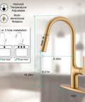 Smooth Operator Brushed Gold Kitchen Faucet With Sleek Single Handle And Slick Pull Down Sprayer For Zero Hassle Cleaning Featuring Splash Proof Three Way Spray For Quick One Or Three Hole Install dimensions with installation guide.