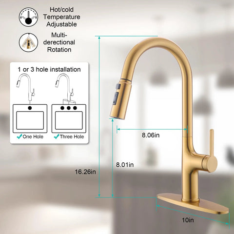 Smooth Operator Brushed Gold Kitchen Faucet With Sleek Single Handle And Slick Pull Down Sprayer For Zero Hassle Cleaning Featuring Splash Proof Three Way Spray For Quick One Or Three Hole Install dimensions with installation guide.