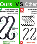 Comparison of Heavy Duty S Shaped Hooks Matte Black 20 Pack with polished ends vs unpolished; secure vs insecure design.