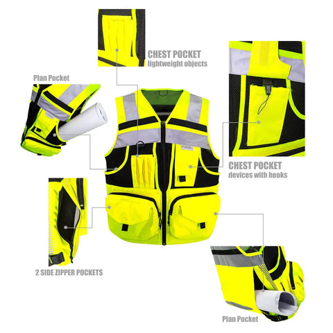 Hi Vis Reflective Safety Vest With 3M Strips, Black Knitted Vest, 10 Pockets, Job Site Ready Workwear, pocket detail, extra large