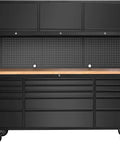 Front view of 72 Inch Rolling Tool Chest With 3 Upper Cabinets And 15 Drawers, Pegboard, Large Mobile Toolbox On Wheels For Garage Workshop Warehouse Basement And Home Pantry, Beefy Steel Build With Thick Rubberwood Work Bench Surface.