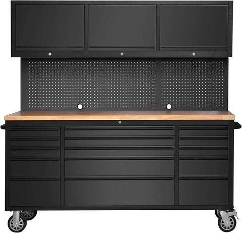 Front view of 72 Inch Rolling Tool Chest With 3 Upper Cabinets And 15 Drawers, Pegboard, Large Mobile Toolbox On Wheels For Garage Workshop Warehouse Basement And Home Pantry, Beefy Steel Build With Thick Rubberwood Work Bench Surface.