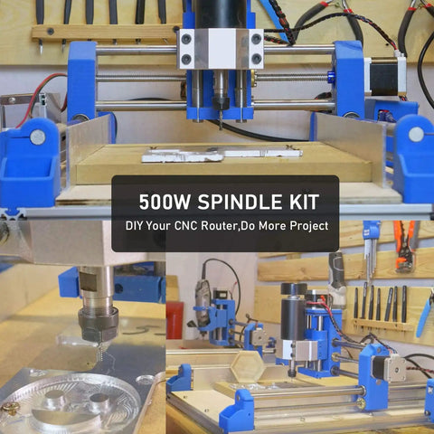 CNC Spindle Motor Kit 500W ER11 Brushed With PSU on a DIY CNC router setup for wood engraving, featuring blue clamps and tools.