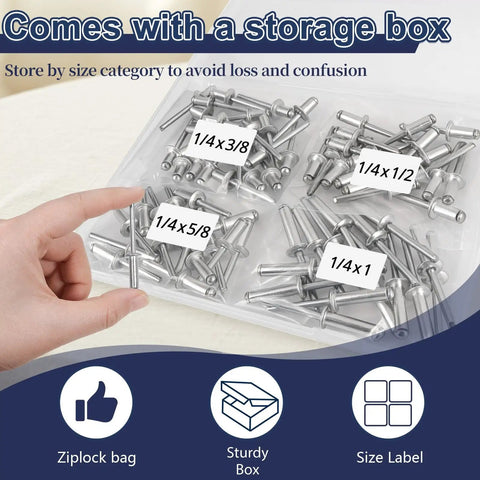 Hand holding a rivet from the 70-Piece 1/4 Inch Pop Rivets Assortment Kit With Aluminum Dome Head Blind Rivets For Metal, in labeled storage box