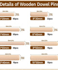 Diagram showing various sizes and quantities of dowels in the 250 Piece Fluted Wood Dowels Set In 1/4 Inch, 5/16 Inch, And 3/8 Inch Sizes For Crafts, Furniture, And Woodworking Projects - The Handy Go-To Dowel Pins For DIY Renovations