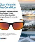Polarized Safety Glasses With Performance Fog Technology, ANSI Z87 Plus, red mirror lenses in tortoise black frame in various environments