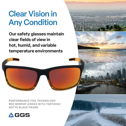 Polarized Safety Glasses With Performance Fog Technology, ANSI Z87 Plus, red mirror lenses in tortoise black frame in various environments