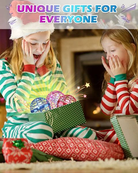 Two kids excitedly open a gift box revealing Hand Controlled Flying Orb With Lights Boomerang Drone For Kids Indoor Outdoor Fun.