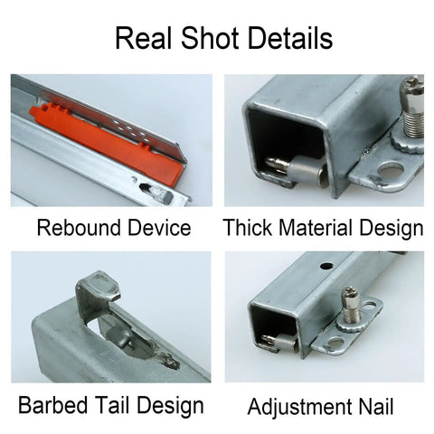 Heavy Duty Drawer Slides 25kg Load, 500mm Length, 20 Inch Roller Track Pair details showing rebound device and adjustment nail