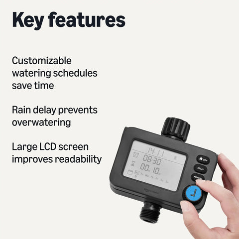 Hand holding Single Outlet Hose Watering Timer Digital Programmable Controller with large LCD screen and key features