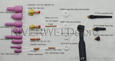 Pro Grade TIG Alumina Nozzle Set For SR WP 17 18 26 Torches Ceramic Cups Assorted Sizes and components layout