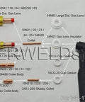 Detailed view of TIG Stubby Collets 3/32 Inch and 2.4mm Orifice for PTA DB SR WP 17 18 26 TIG Welding Torch, Pack of 10 with parts labeled