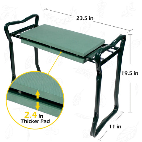 Folding Garden Kneeler Stool With 8 Inch Wide Kneeling Pad And Tool Pouch For Planting And Gardening, dimensions labeled