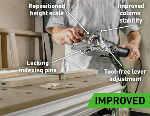 Domino Joiner DF 500 Q Mortising Tool With 5mm Cutter Dial Width Adjust And Oscillating Cutting Action New Model in use on woodwork table.