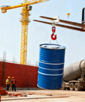 Heavy Duty Forklift Lifting Hook Attachment Single Fork Mount Boasting A Smooth 360 Degree Swivel And 4400 Pound Capacity lifting a blue barrel on a construction site.