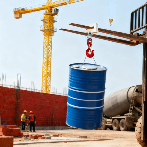 Heavy Duty Forklift Lifting Hook Attachment Single Fork Mount Boasting A Smooth 360 Degree Swivel And 4400 Pound Capacity lifting a blue barrel on a construction site.