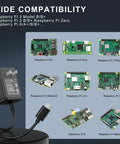 Diagram showing Power Supply 5V 3A Micro USB AC Adapter with a beefy 6 feet cord compatible with various Raspberry Pi models.