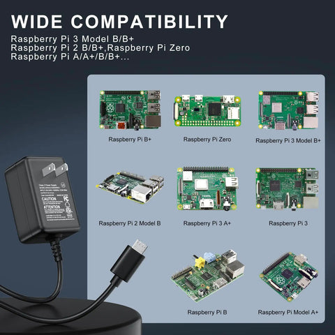 Diagram showing Power Supply 5V 3A Micro USB AC Adapter with a beefy 6 feet cord compatible with various Raspberry Pi models.