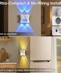 Motion Sensor Light Indoor with Remote, Rechargeable Wireless LED Sconce mounted on a wall, showcasing blue and yellow light modes.