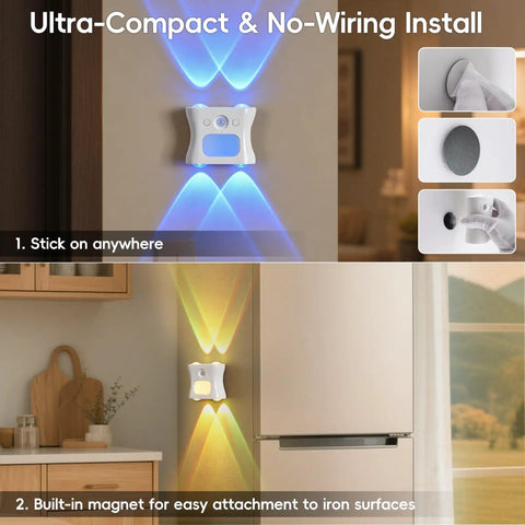 Motion Sensor Light Indoor with Remote, Rechargeable Wireless LED Sconce mounted on a wall, showcasing blue and yellow light modes.