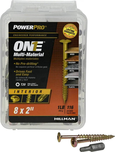 Pro Grade Multi Material Screws With A Durable Yellow Zinc Coat And Slick Wafer Head Design in packaging with T20 bit.