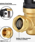 Close-up of adjustable RV water pressure regulator showing the explosion-proof plug and rubber O-ring for leak prevention.
