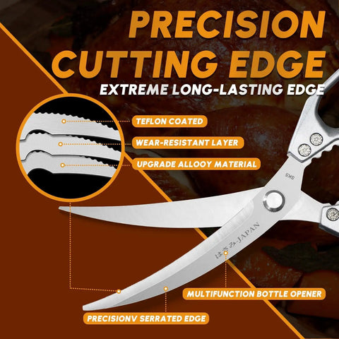 Beast Mode Heavy Duty Kitchen Scissors For Food Prep And BBQ, Multifunction Kitchen Shears With Dual-Shear Razor Blades, Sturdy Stainless Steel Family Kitchen Tool, Easy Grip, Cuts Meat, Veggies, And Ribs Like A Pro. Close-up of stainless steel scissors blades with serrated edge