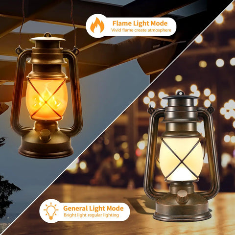 Two Pack Battery Powered LED Bronze Vintage Lanterns With Remote Control Dual Lighting Modes displayed showing flame and ambient glow.