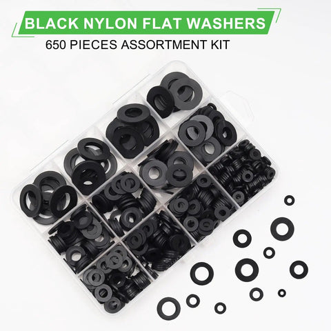 650 Piece Nylon Flat Washer Set Black Plastic Washers Assortment For Screws And Bolts 7 Sizes M3 To M12 in storage box