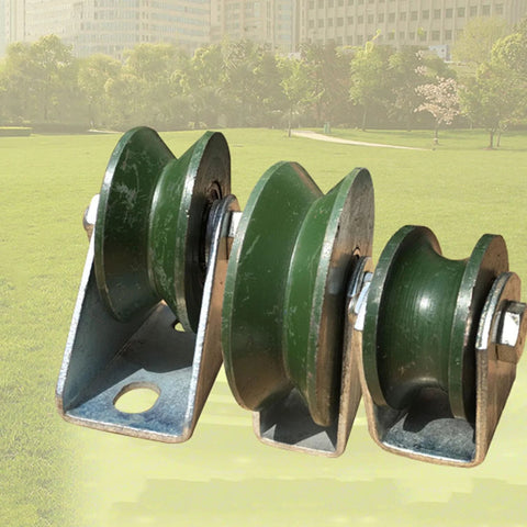 V-groove pulley wheel set, side view: three green wheels on a blue mounting frame