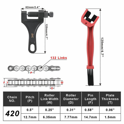 420 Chain Kit 132 Links Cut To Fit With Master Links Breaker Tool And Chain Brush For Mini Bike Pit Bike Dirt Bike ATV And Go Kart
