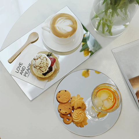 Coffee and dessert on 12x12 Inch Square Mirror Tiles Set Of 8 With Sticker For Easy Wall Mounting And DIY Decor Real Glass HD Clarity