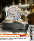 Pressure gauge displaying up to 12000 PSI on industrial machinery, demonstrating pressure resistance capabilities.