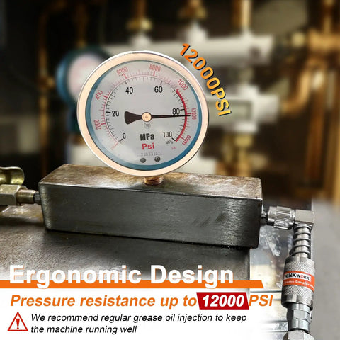 Pressure gauge displaying up to 12000 PSI on industrial machinery, demonstrating pressure resistance capabilities.